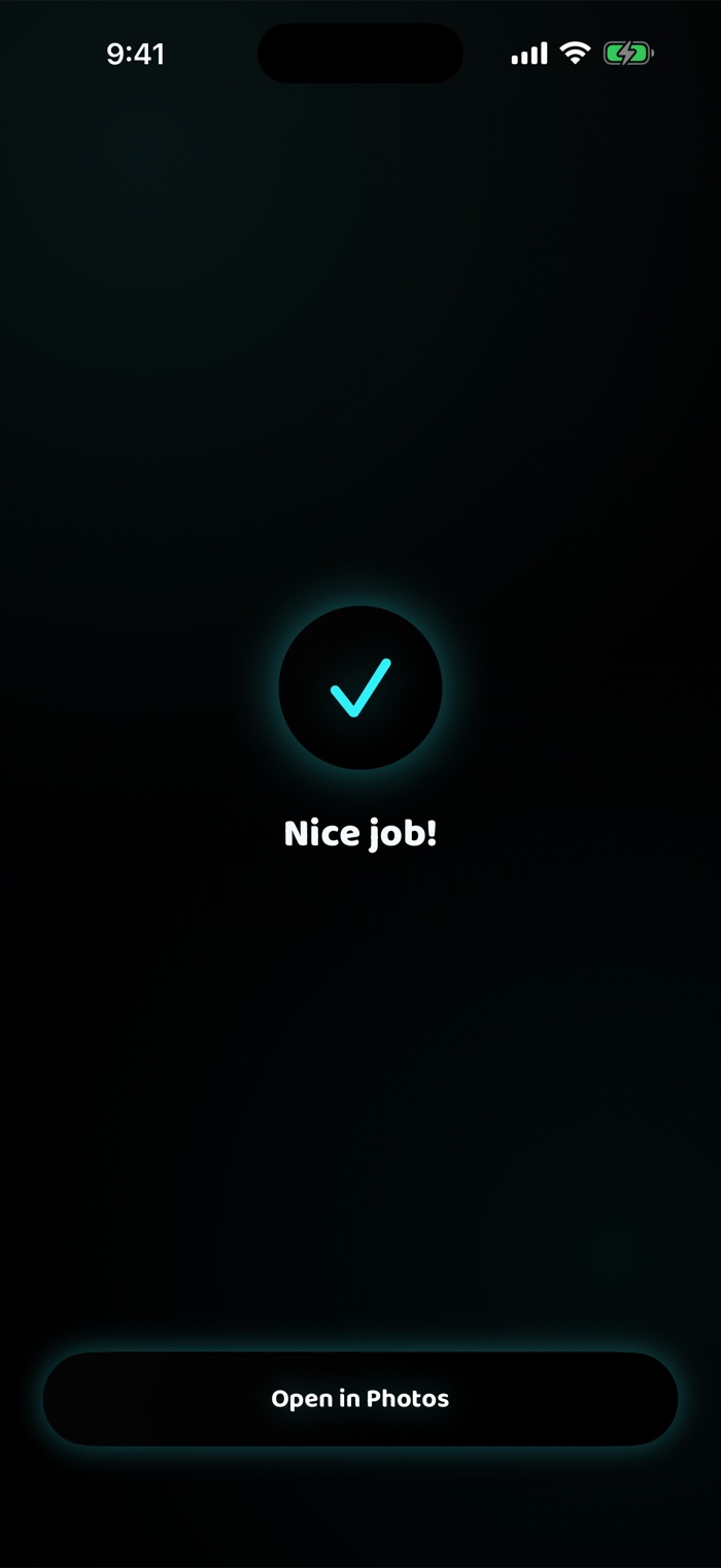 Confirmation screen showing the saved file is in Photos
